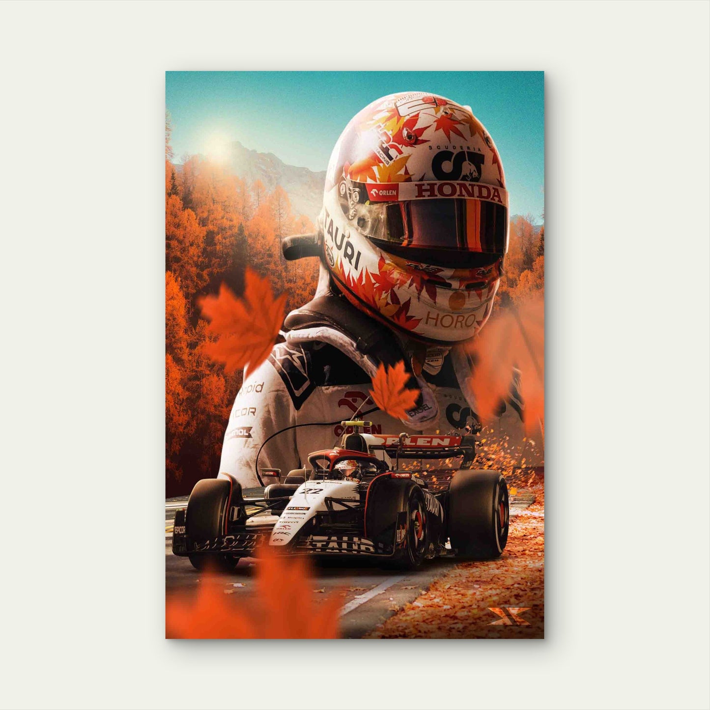 Autumn Foliage Motorsport Racing Car 40x60cm Metal Print Ready to Hang