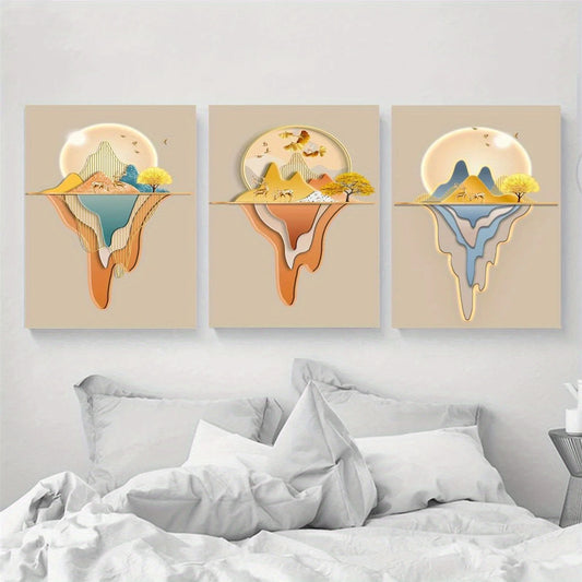 3pcs Golden Leaves, Flowers & Deer Patterns with Palm Leaves Metal Print Ready to Hang Art