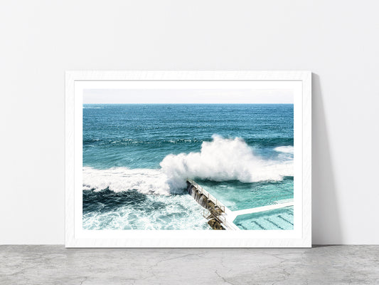 Sea Waves Splash on Beach Pool Photograph Glass Framed Wall Art, Ready to Hang Quality Print With White Border White