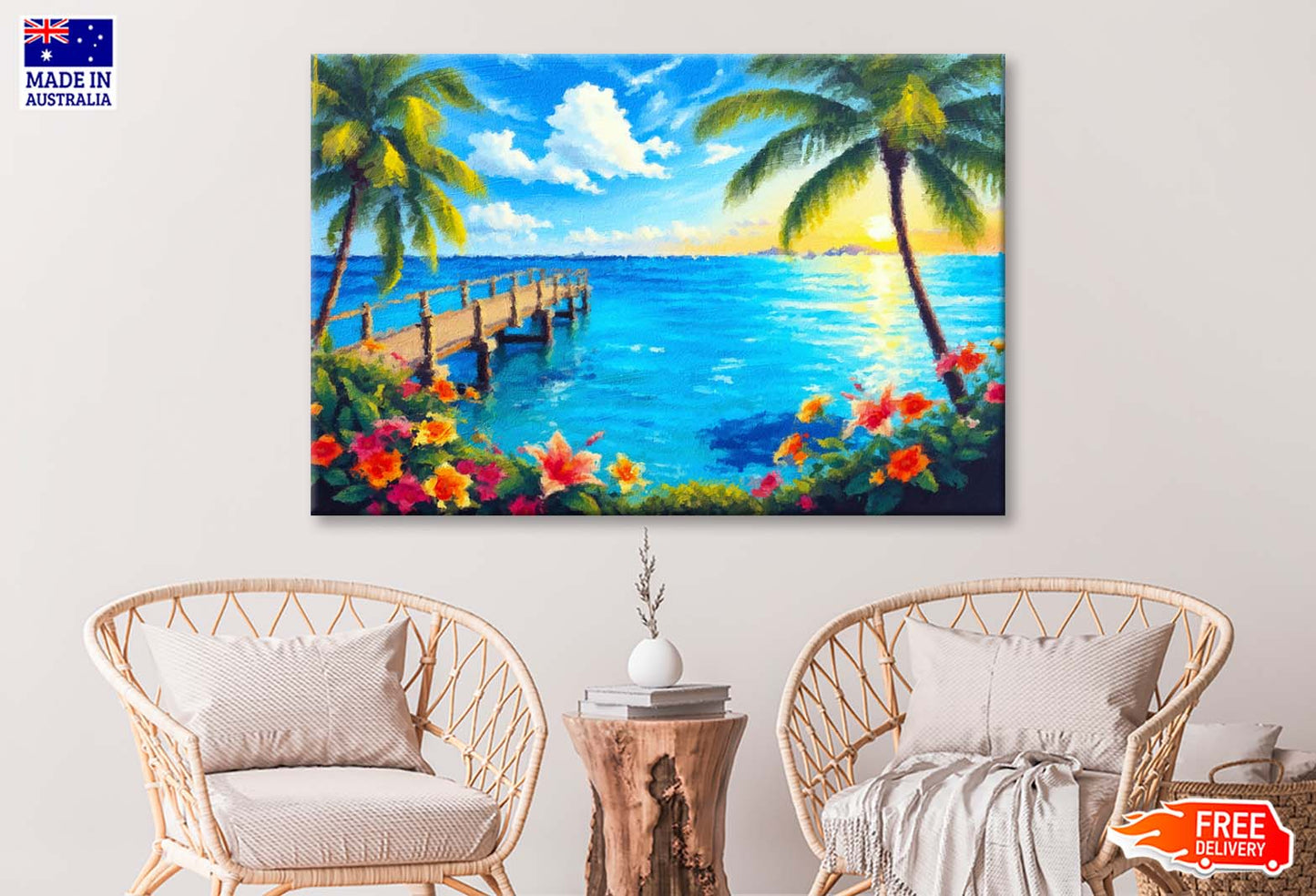 Bridge to Pier. Color Fusion of Ocean Palm Trees Flowers and Sky Wall Art Limited Edition High Quality Print