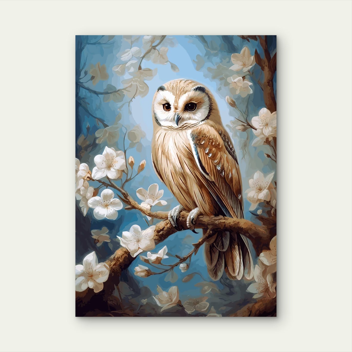 Brown Owl Spring Blossom Branch 40x60cm Metal Print Ready to Hang - Bella Home Decor