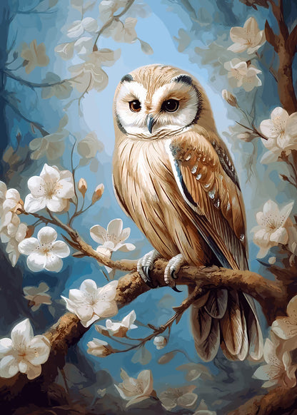 Brown Owl Spring Blossom Branch 40x60cm Metal Print Ready to Hang - Bella Home Decor