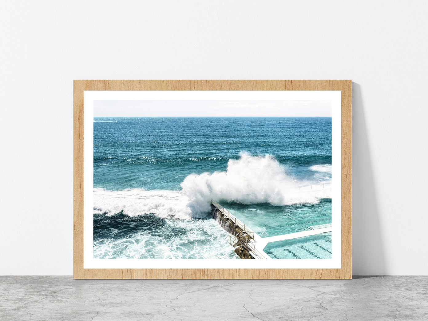 Sea Waves Splash on Beach Pool Photograph Glass Framed Wall Art, Ready to Hang Quality Print With White Border Oak