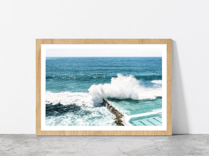 Sea Waves Splash on Beach Pool Photograph Glass Framed Wall Art, Ready to Hang Quality Print With White Border Oak