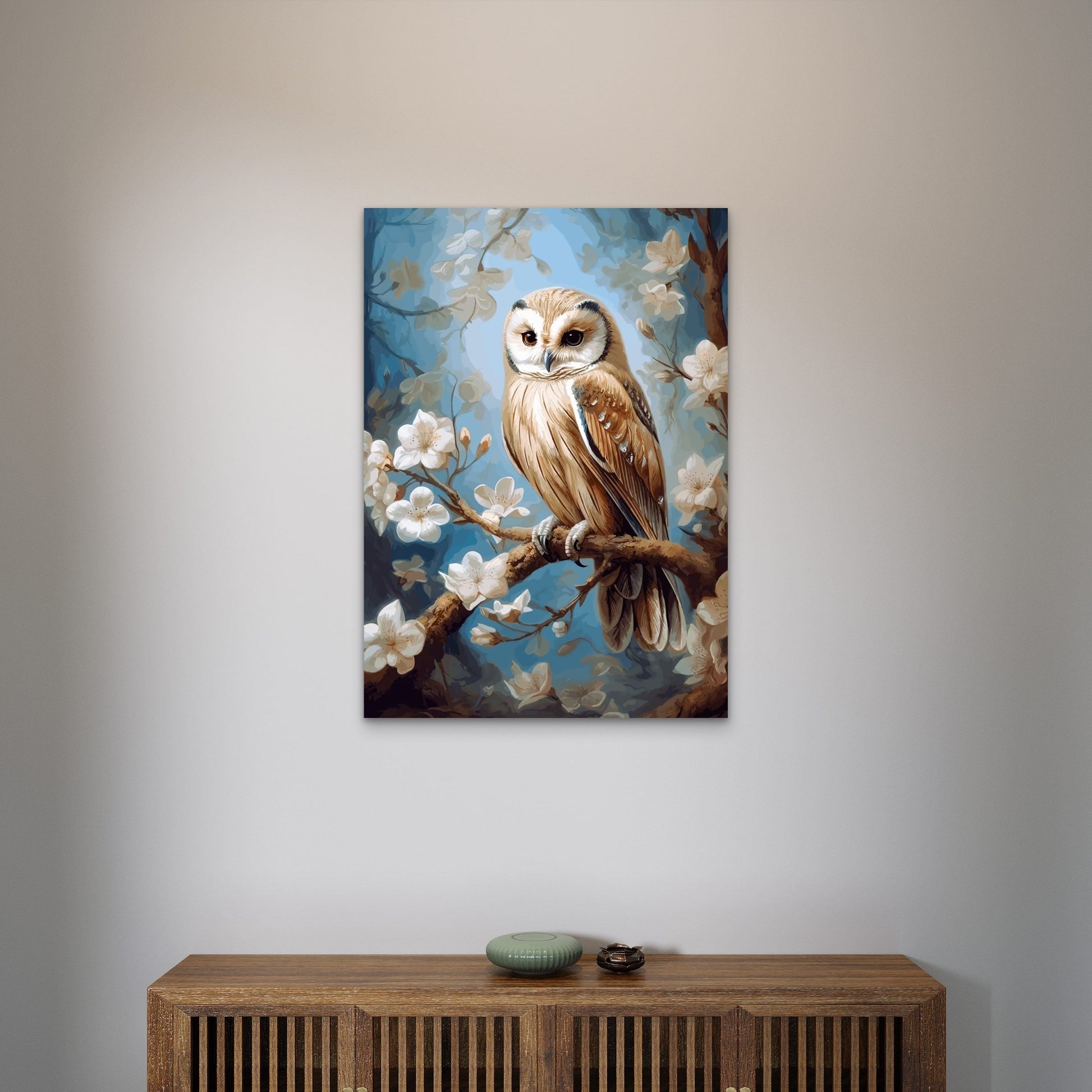 Brown Owl Spring Blossom Branch 40x60cm Metal Print Ready to Hang - Bella Home Decor