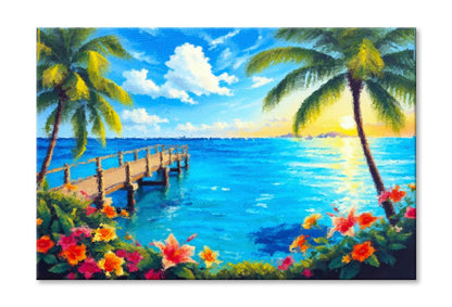 Bridge to Pier. Color Fusion of Ocean Palm Trees Flowers and Sky Wall Art Limited Edition High Quality Print