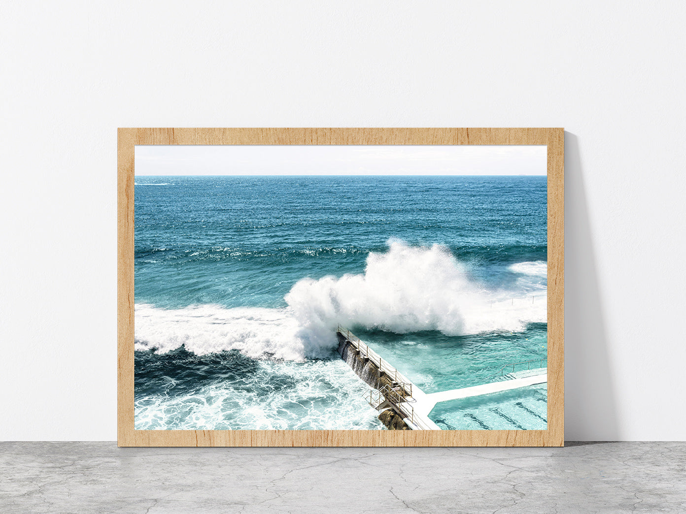 Sea Waves Splash on Beach Pool Photograph Glass Framed Wall Art, Ready to Hang Quality Print Without White Border Oak
