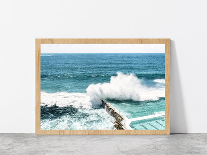 Sea Waves Splash on Beach Pool Photograph Glass Framed Wall Art, Ready to Hang Quality Print Without White Border Oak