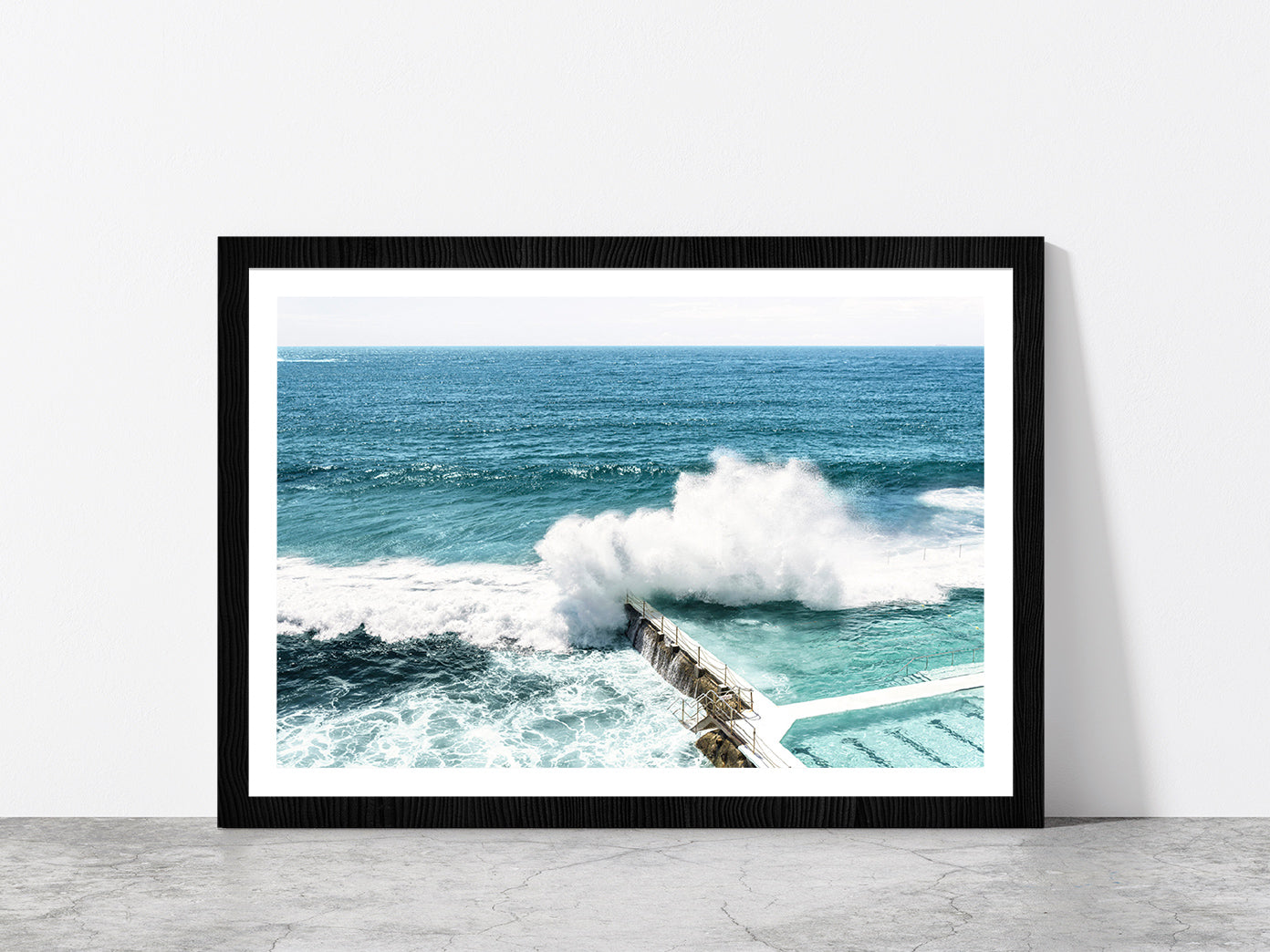 Sea Waves Splash on Beach Pool Photograph Glass Framed Wall Art, Ready to Hang Quality Print With White Border Black