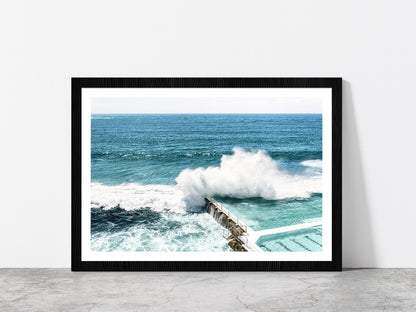 Sea Waves Splash on Beach Pool Photograph Glass Framed Wall Art, Ready to Hang Quality Print With White Border Black