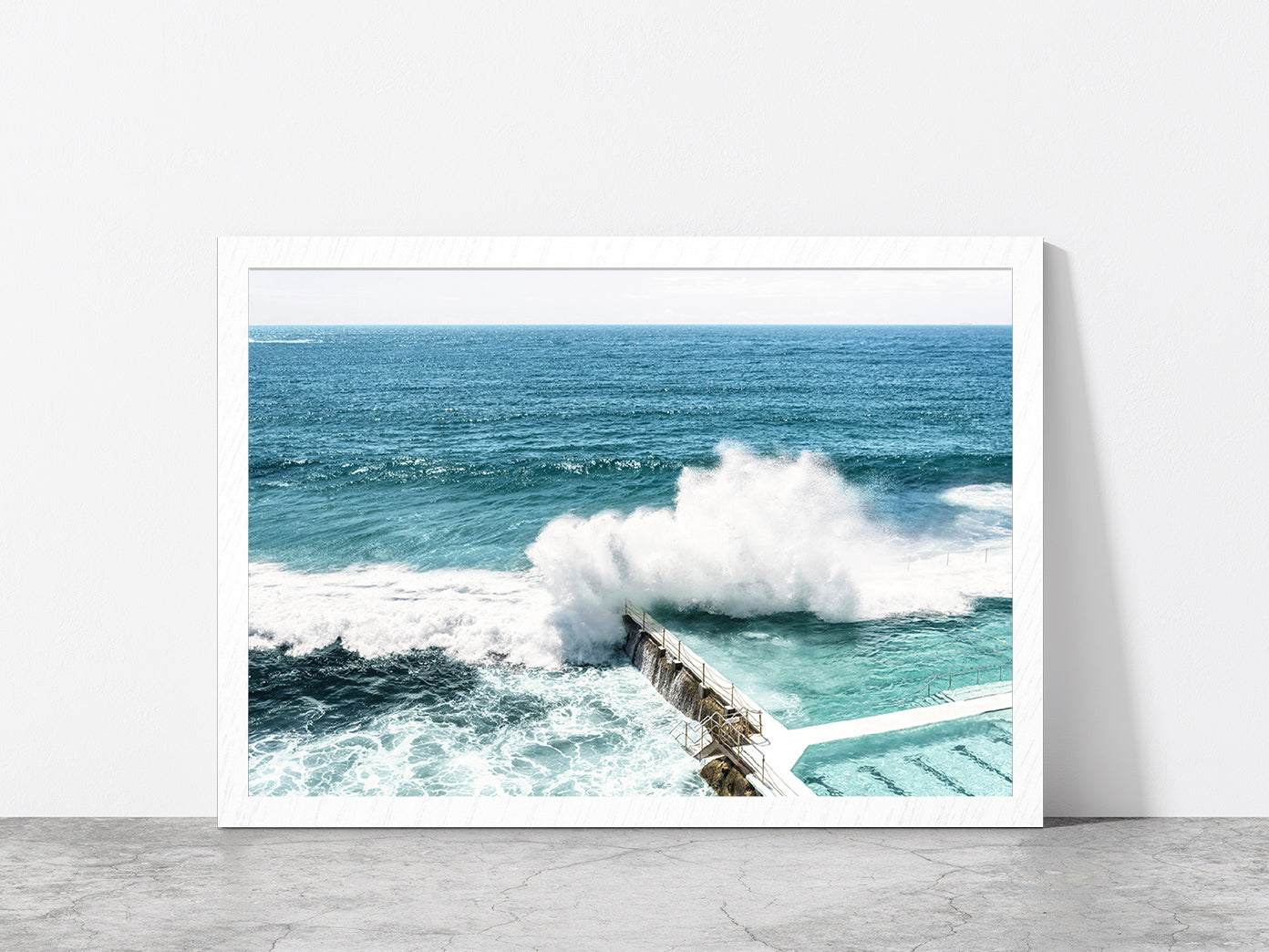Sea Waves Splash on Beach Pool Photograph Glass Framed Wall Art, Ready to Hang Quality Print Without White Border White