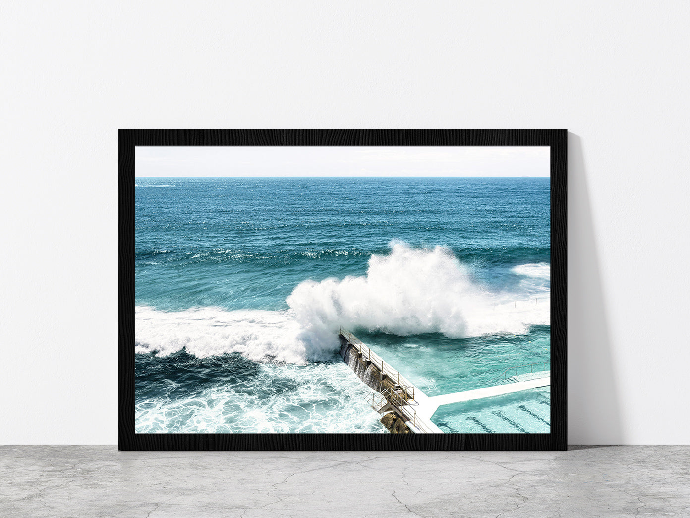 Sea Waves Splash on Beach Pool Photograph Glass Framed Wall Art, Ready to Hang Quality Print Without White Border Black