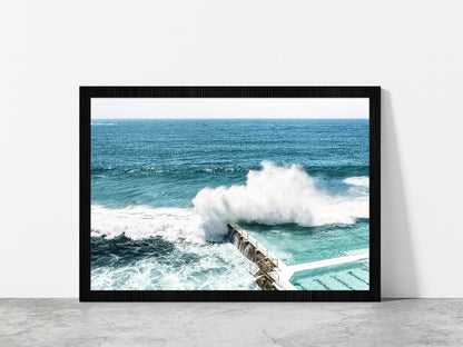 Sea Waves Splash on Beach Pool Photograph Glass Framed Wall Art, Ready to Hang Quality Print Without White Border Black