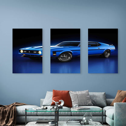 3pcs Classic Electric Blue Retro Muscle Car Metal Print Ready to Hang Art