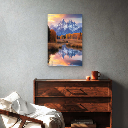 Autumn Forest Snow Mountain Valley Lake Paint 40x60cm Metal Print Ready to Hang