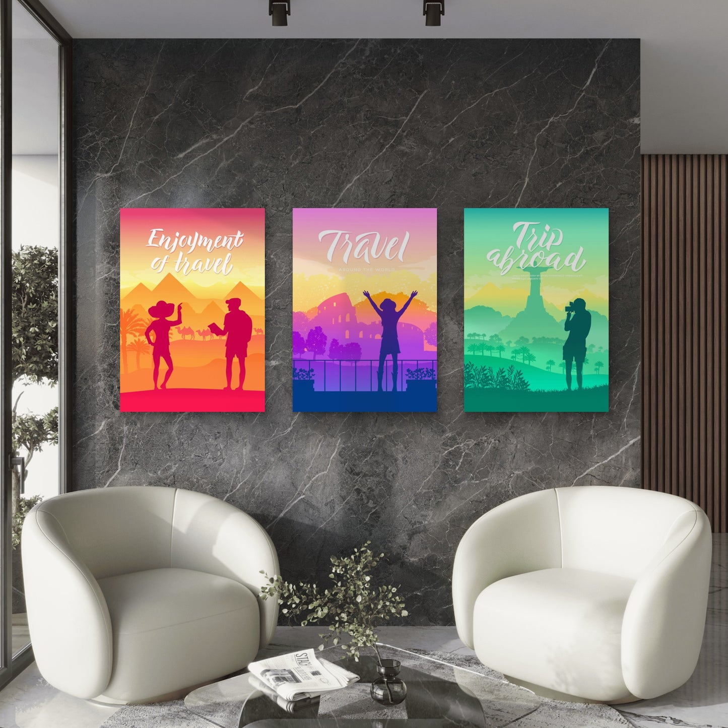 3pcs Retro Silhouette Global Landmark Vintage  Wall Art Set Canvas Framed 40x60cm - High Quality Print 100% Australian Made Wall Canvas Ready to Hang