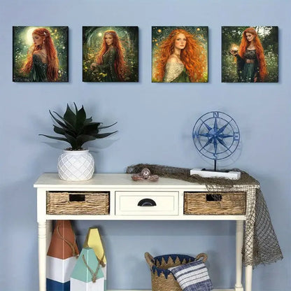 4pcs  Enchanting Red-Haired Goddess  Wall Art Canvas Framed