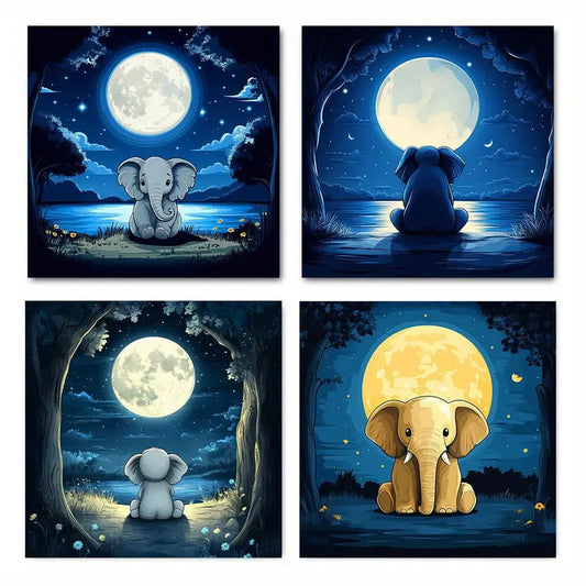 4pcs Blue Bright Night Scenery Elephant Moon Wall Art Canvas Framed