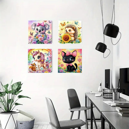 4pcs  Koala, Hedgehog, & Black Cat, Vibrant Flor   Wall Art Canvas Framed