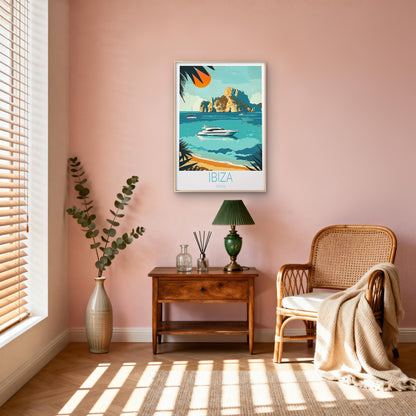 Ibiza Spain Beach with Yacht & Palm Tree Travel Poster Print Wall Art