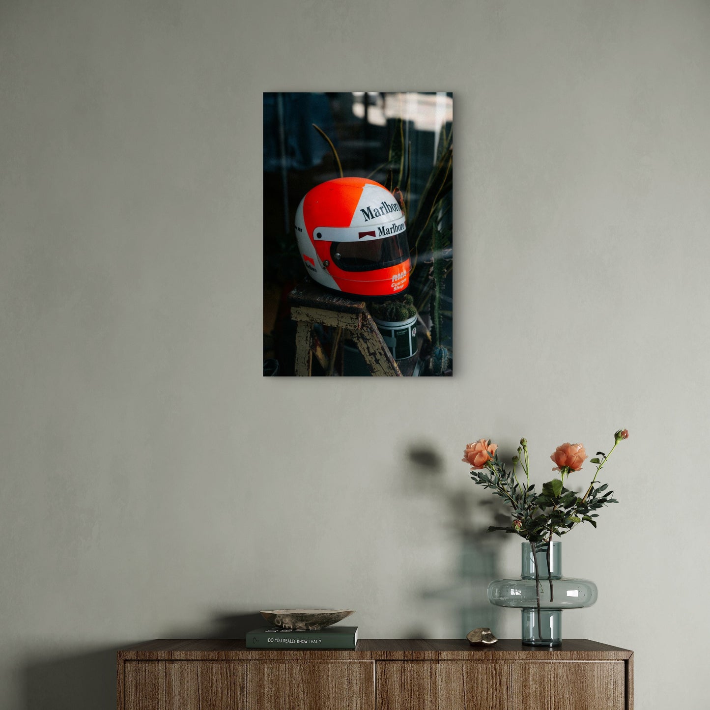 Vintage Racing Helmet Featuring Marlboro 60x90cm Metal Print Ready to Hang
