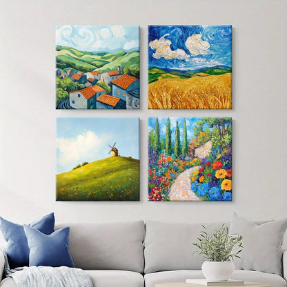 4pcs Floral & Countryside Scenery Wall Art Canvas Framed