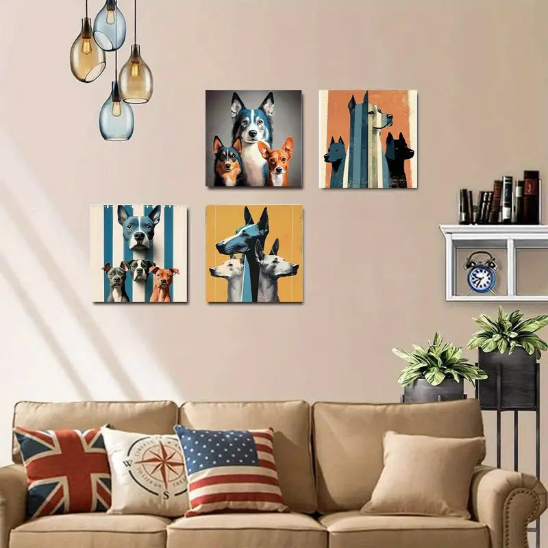 4pcs Vibrant Blue & Orange Striped Background Wall Art Canvas Framed