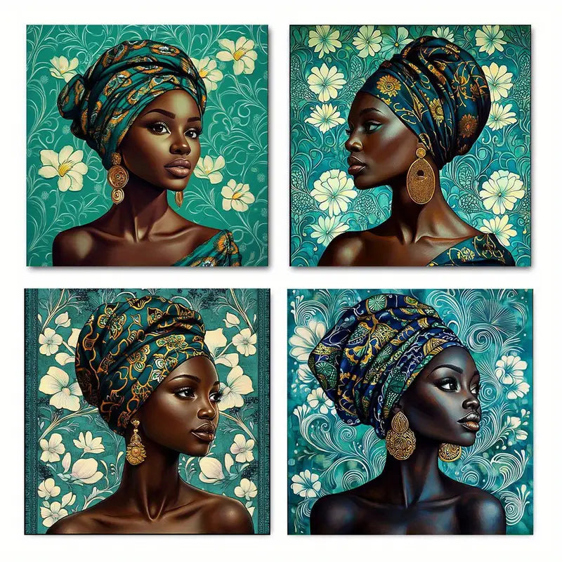 4pcs  Woman In Vibrant Headwrap & Earrings  Wall Art Canvas Framed