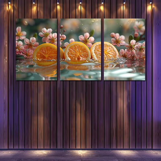 3pcs Vibrant Lemon & Pink Cherry Blossom Design Wall Art Set Canvas Framed 60x90cm - High Quality Print 100% Australian Made Wall Canvas Ready to Hang