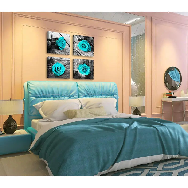 4pcs Blue  Decor Rose Flower Black and White  Wall Art Canvas Framed - Bella Home Decor