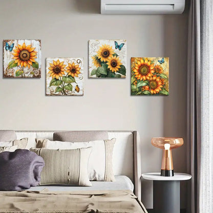 4pcs Butterfly Wall Art, Sunflower Wall Art, Wall Art Canvas Framed
