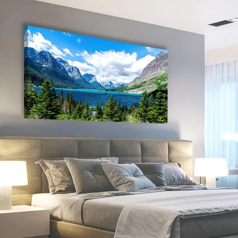 Saint Mary Lake Mountain Green Forest Blue Sky Wall Art canvas office home room framed 120x60cm - Bella Home Decor