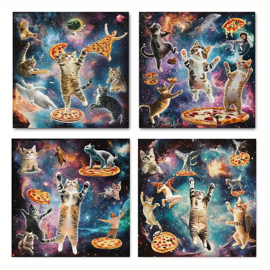 4pcs Whimsical Cat And Pizza  Wall Art Canvas Framed