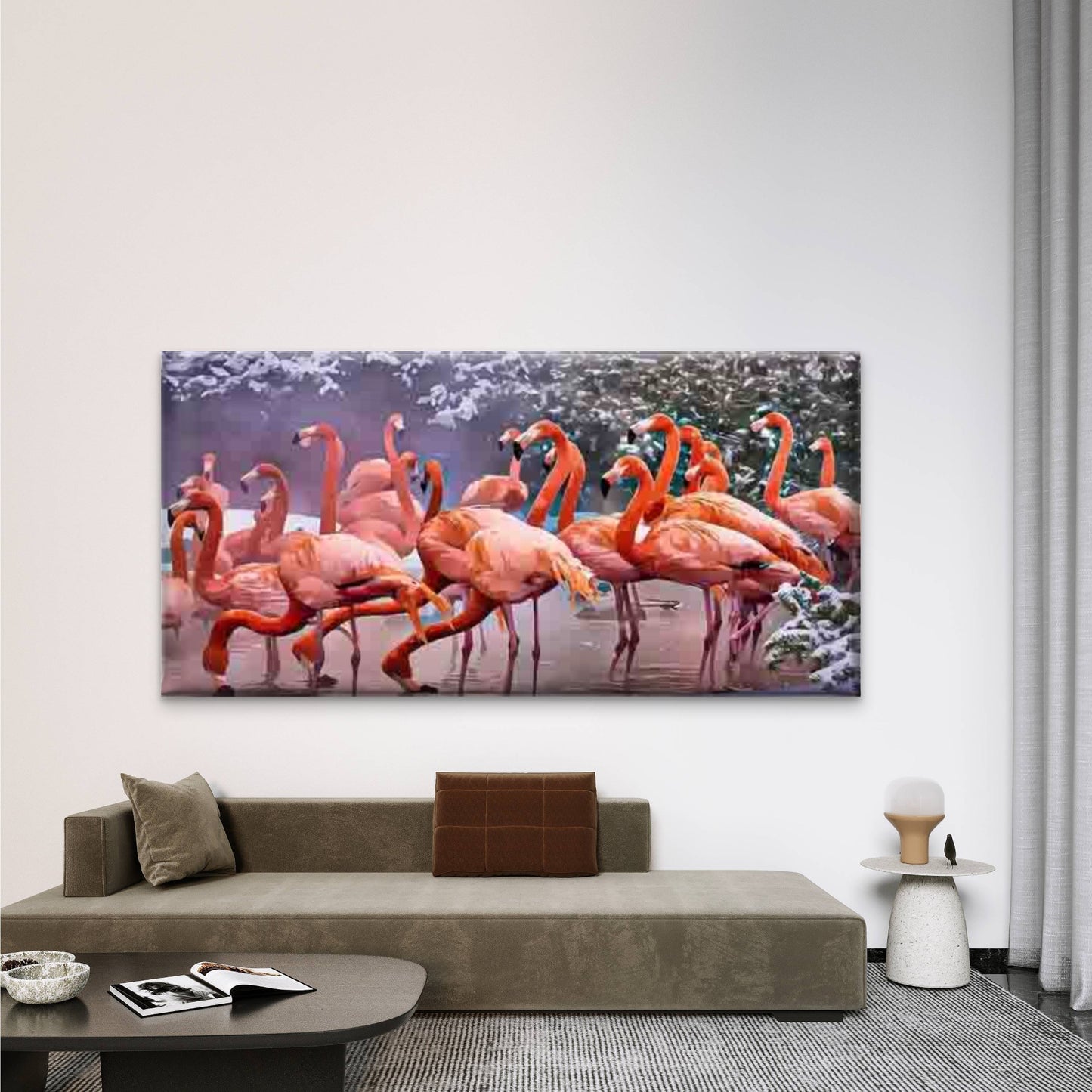 Pink Flamingos in a Snow Wall Art Canvas Office Home Room Framed 120x60cm