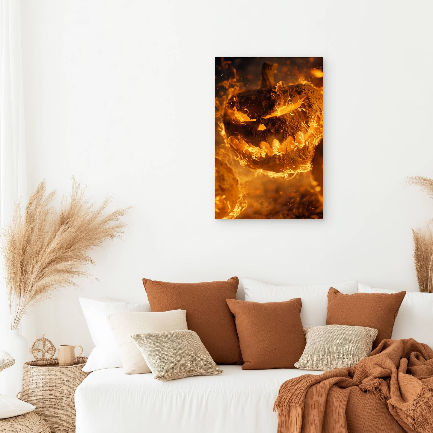 Halloween Pumpkin Lit by Fire 40x60cm Metal Print Ready to Hang