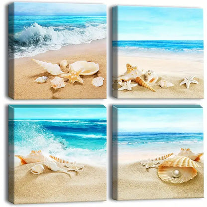 4pcs Seashell Picture Painting Wall Art Canvas Framed