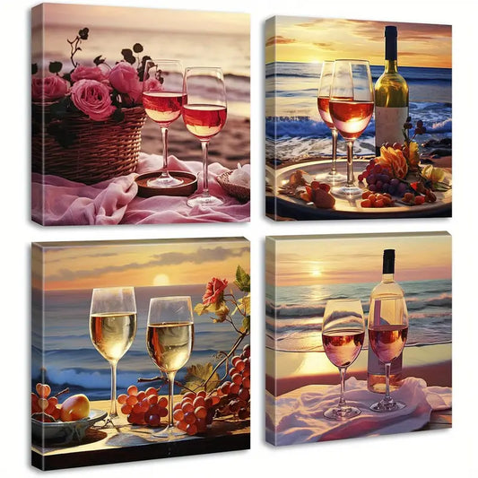 4pcs Wine Glass Still Life Fruit Goblet Sea Wall Art Canvas Framed