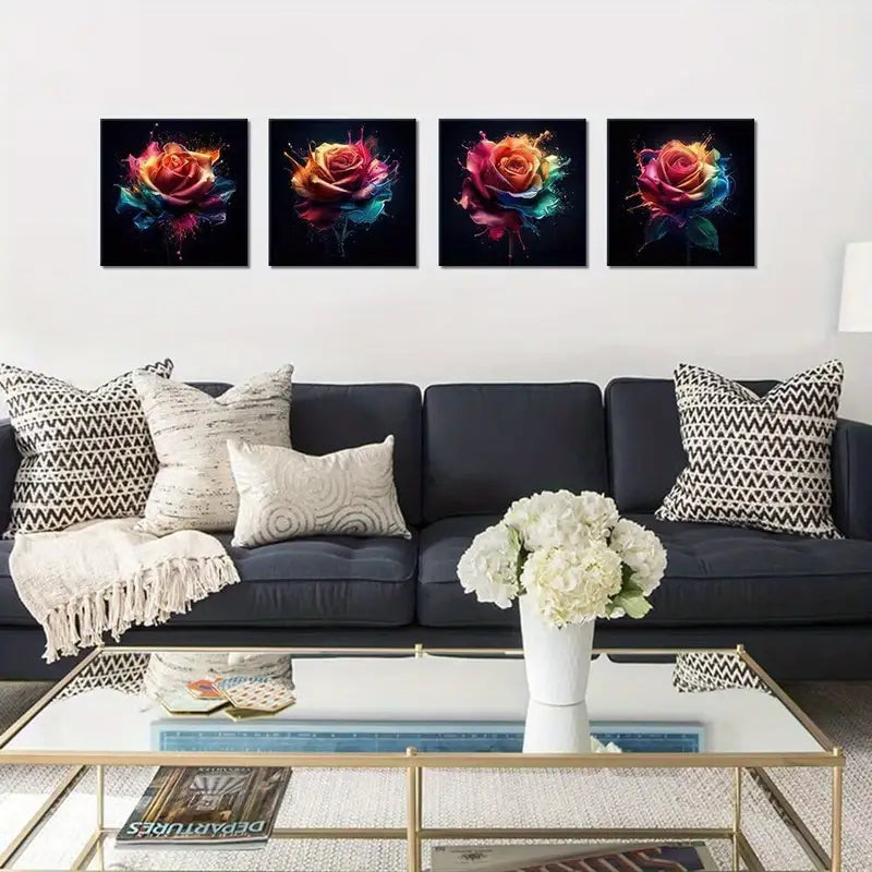 4pcs Colorful Rose Wall Art Rose Floral PicturesWall Art Canvas Framed
