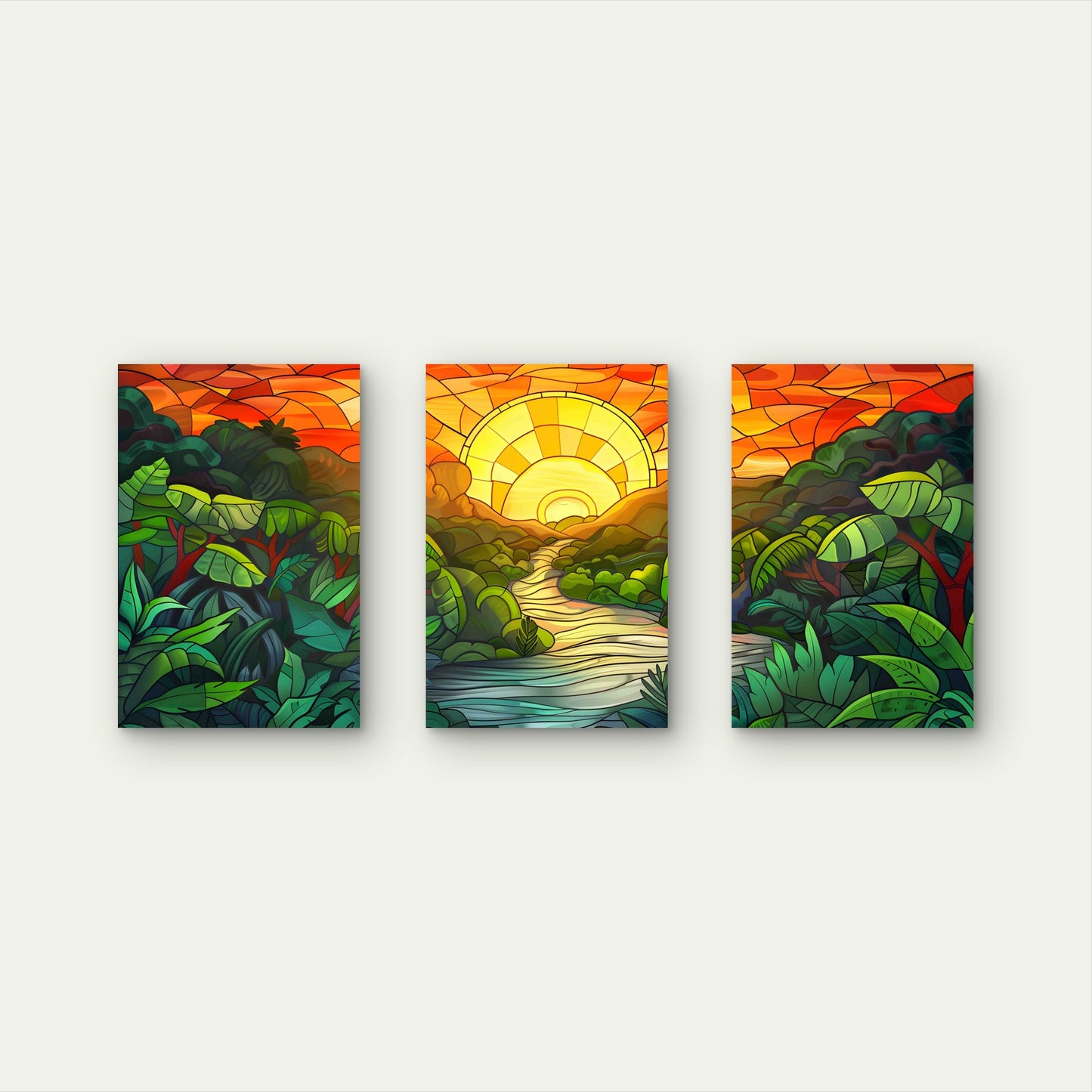 3pcs Art Nouveau Stained Glass Jungle River Sunset Metal Print Ready to Hang Art