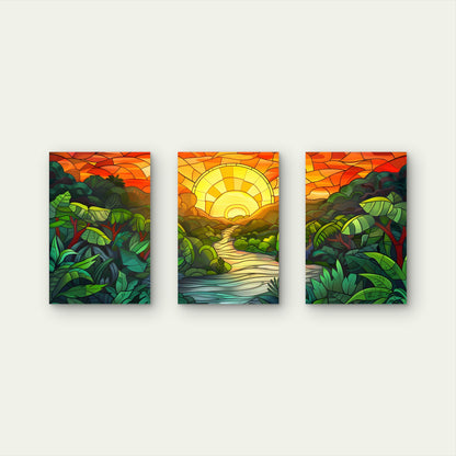 3pcs Art Nouveau Stained Glass Jungle River Sunset Metal Print Ready to Hang Art
