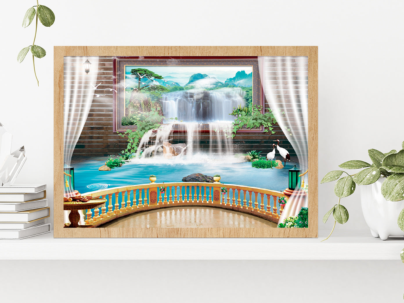 Waterfall Theme For Photomural Glass Framed Wall Art, Ready to Hang Quality Print Without White Border Oak