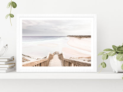 Wooden Staircase to Sand Beach Photograph Glass Framed Wall Art, Ready to Hang Quality Print With White Border White