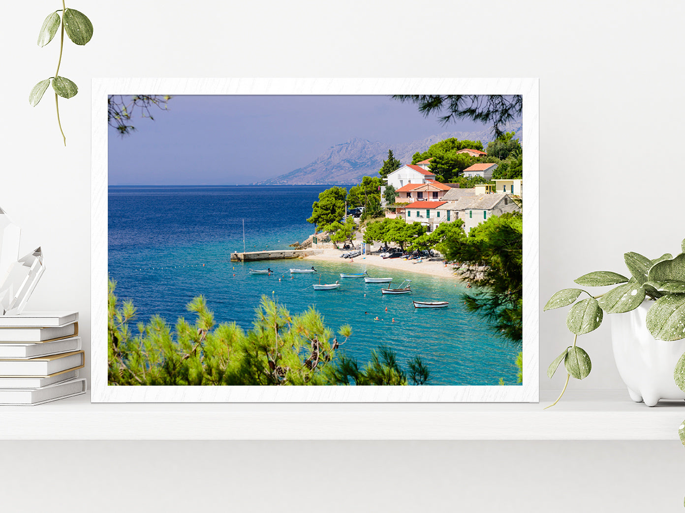 Bay In Makarska Resort With Water Glass Framed Wall Art, Ready to Hang Quality Print Without White Border White