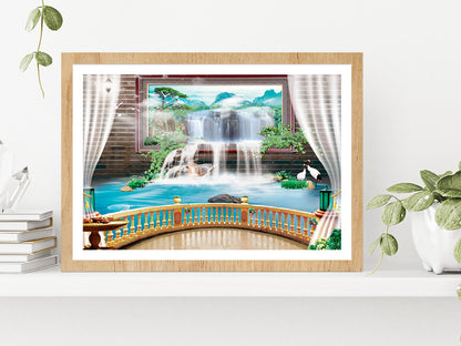 Waterfall Theme For Photomural Glass Framed Wall Art, Ready to Hang Quality Print With White Border Oak