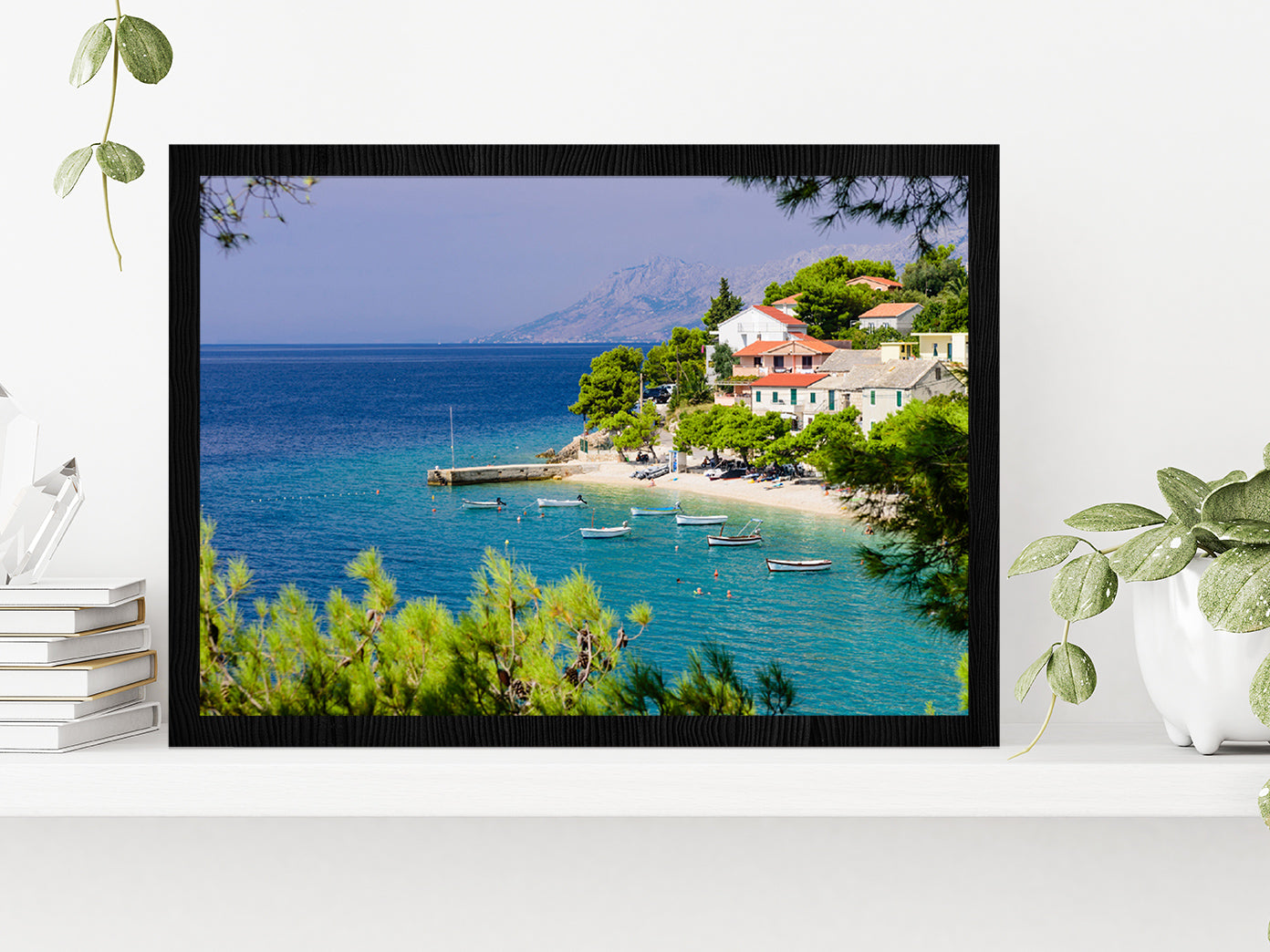 Bay In Makarska Resort With Water Glass Framed Wall Art, Ready to Hang Quality Print Without White Border Black