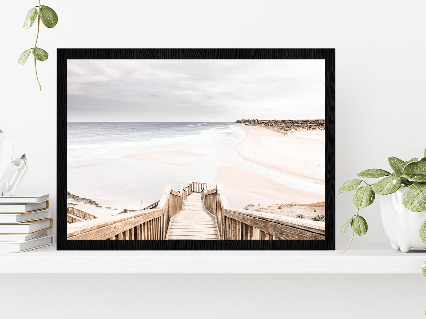 Wooden Staircase to Sand Beach Photograph Glass Framed Wall Art, Ready to Hang Quality Print Without White Border Black