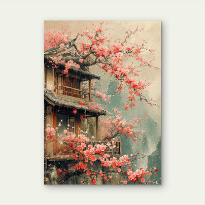 Zen Pagoda Pink Sakura Garden 60x90cm Metal Print Ready to Hang - Bella Home Decor