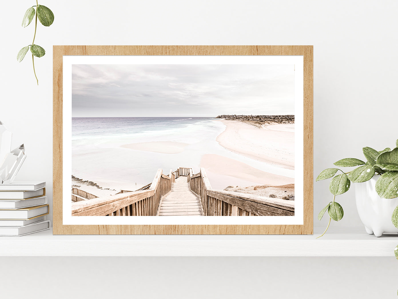 Wooden Staircase to Sand Beach Photograph Glass Framed Wall Art, Ready to Hang Quality Print With White Border Oak