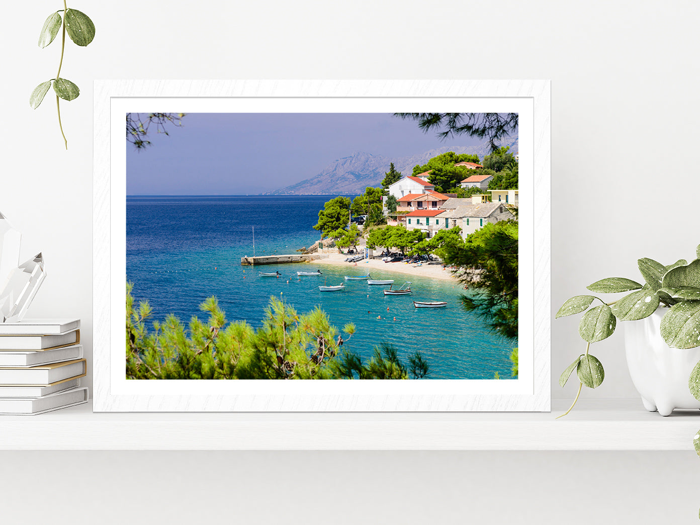 Bay In Makarska Resort With Water Glass Framed Wall Art, Ready to Hang Quality Print With White Border White