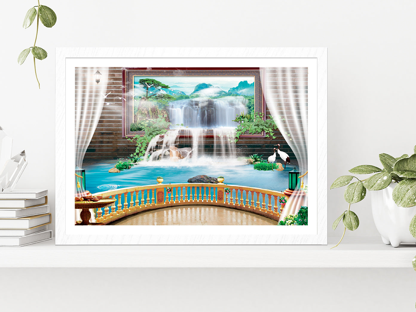 Waterfall Theme For Photomural Glass Framed Wall Art, Ready to Hang Quality Print With White Border White